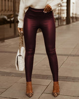 Women Sexy Studded Design High Waist Lace Up Skinny PU Pants