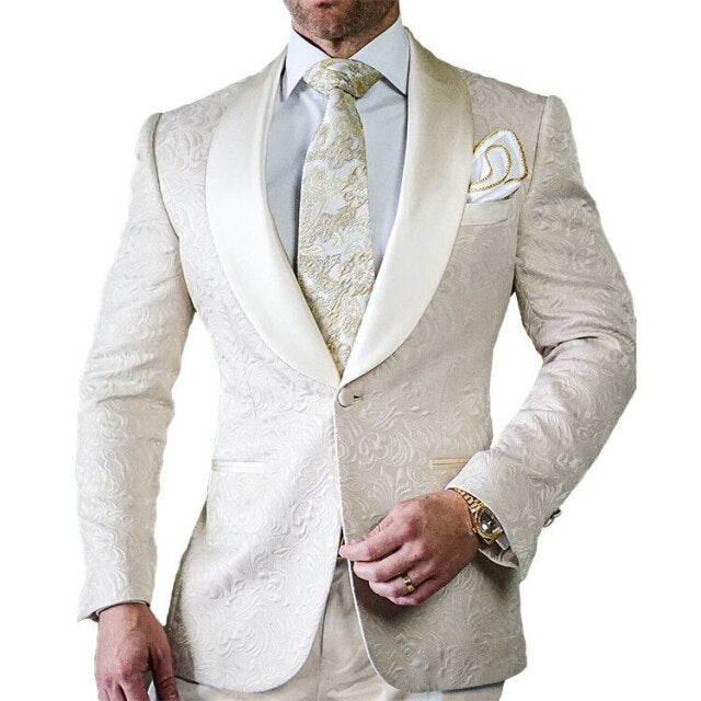 Ivory Pattern Groom Tuxedos Shawl Lapel
