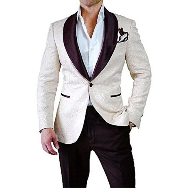 Ivory Pattern Groom Tuxedos Shawl Lapel
